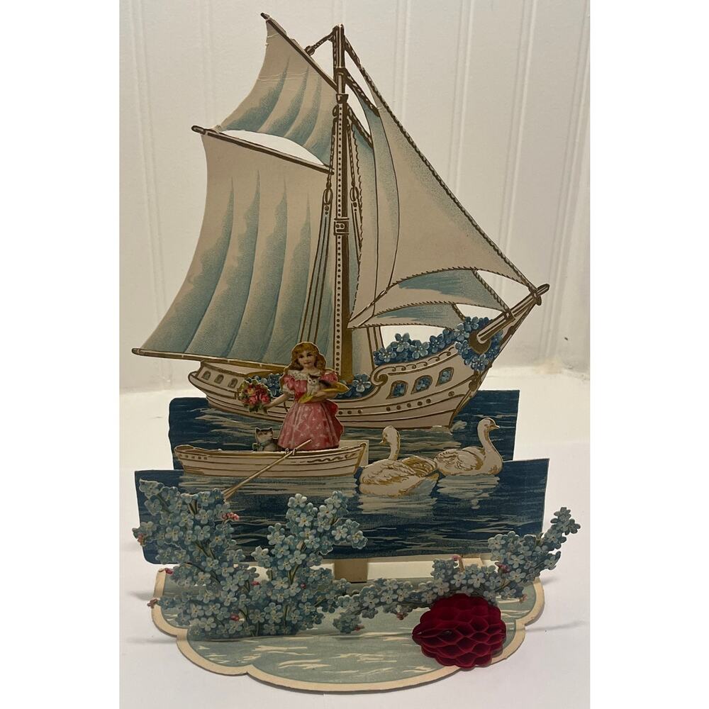INCREDIBLE VTG Dimensional Valentine Sailboat w girl, German Die Cut, 3 Tiers
